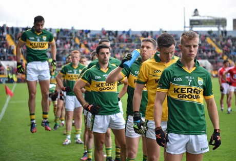 The Kerry team, led by captain Fionn Fitzgerald, line up for the pre-match parade at last Sunday's Munster final against Cork