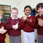 Easter Chicks.... Infants pupils at Scoil Cholmcille, Kilmacrennan with 3 week old chicks hatched in the classroom from an incubator, Patrick Corcoran, Peter Doherty, Selia Sobin and Clare McGeever. Photo: Donna El Assaad