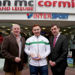 Shot putter John Kelly, winner of the Donegal News Sports Personality Award for February with Donegal News sports editor Harry Walsh and Brian McCormick, of Brian McCormick Sports and Leisure, Letterkenny.