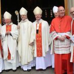 Fr Michael McGuckian, Bishop Philip Boyce, Bishop Emeritus of Raphoe, Archbishop Eamon Martin, Archbishop of Armagh and Primate of All Ireland, Bishop Noel Treanor, Bishop of Down and Connor, Cardinal Séan Brady, Archbishop Emeritus of Armagh and Fr Bernard McGuckian. Photo: Donna El Assaad
