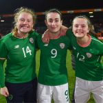 Donegal girls and Republic of Ireland players, from left, Amber Barrett, Roma McLaughlin and Tyler Toland following the 2019 FIFA Women's World Cup Qualifier match between Netherlands and Republic of Ireland at Stadion de Goffert in Nijmegen, Netherlands. See page 66 for full coverage. Photo by Stephen McCarthy/Sportsfile