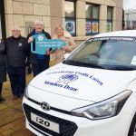 Emma Flanagan, Ashbrook, Letterkenny is presented with her new Hyundai i20 in the Letterkenny Credit Union Car Draw by Mick Garry, Director, Letterkenny Credit Union, also included are Ted McLaughlin, Eva McCloskey and Charlie McGlynn, Letterkenny Credit Union.