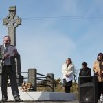 Guest speaker Councillor John Shamuis î Fearraigh addressing the large crowd at the Easter Sunday Commemoration at Derrybeg. Photos: Tommy Curran