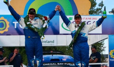 Gary Jennings celebrates winning the 2012 Donegal International Rally.