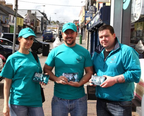 Kristian Capulet Shortt and John Gibbins, aka Chubbz (members of group The Special Branch), with Zabrina Collins (nee Shortt) handing out leaflets on The Truth About Drugs in Letterkenny recently.