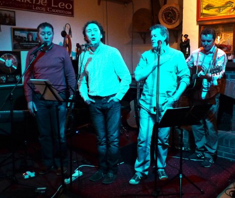 The well-known Mac Ruairí brothers from Rann na Feirste performing at the first CluBeo in Leo's Tavern last month, (l-r) Seán, Dónall, Tony and Aodh.
