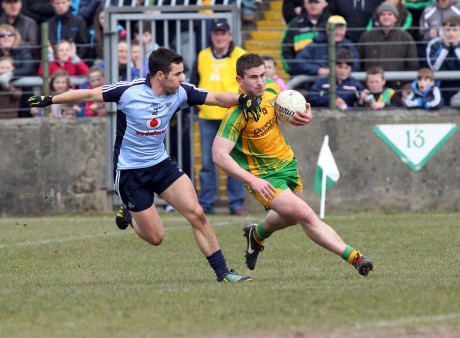 Patrick McBrearty in action against Kevin O'Brien during the recent National League game in Ballybofey.