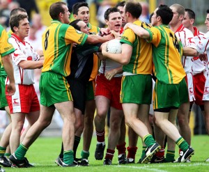 Tempers fray between Conor Gormley and Colm McFadden in 2007.