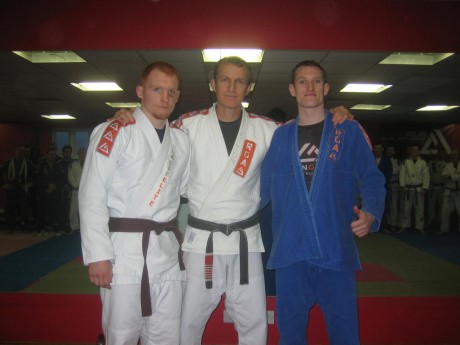 Friends reunited (l-r): Stephen Coll, Master Rilion Gracie and Brian 'Barney' Coyle last Tuesday evening.