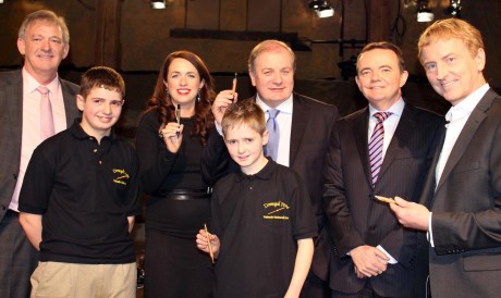 Meeting the Dragons....Ronan and Conor Mc Garvey of Donegal Pens pictured in the den with the five dragons from the RTE Dragon's Den series. From left, Peter Casey, Ramona Nicholas, Gavin Duffy, Barry O Sullivan and Sean O Sullivan.
