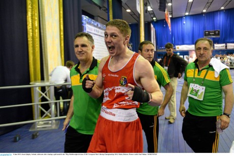 Jason Quigley celebrates after winning a gold medal in the 75Kg Middleweight division at the European Championships in June. 