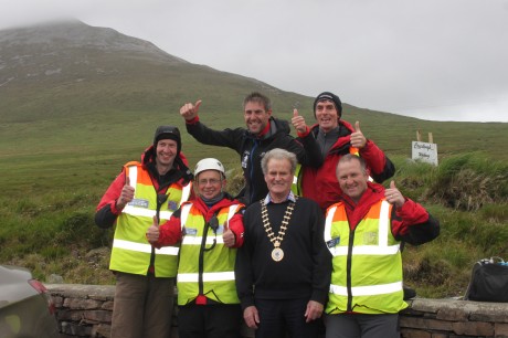 Jason Black with the new county mayor, Cllr Ian McGarvey, and members of the Donegal Mountain Rescue Team. PHOTOS: Courtesy of Christopher Curran