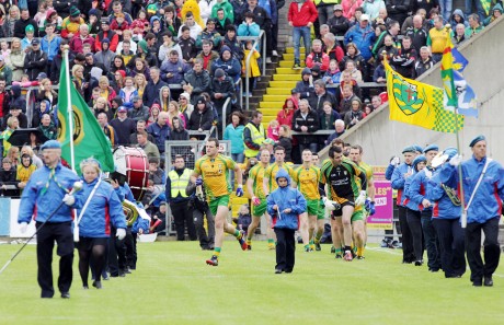 Donegal keen to get started after the pre-match parade in Breffni park for teh Ulster semi-final on Sunday. Photo: Donna McBride