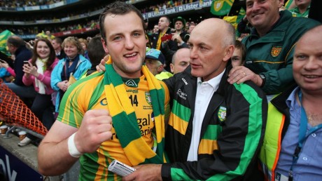 Michael Murphy is congratulated by Anthony Molloy after the All-Ireland final. 