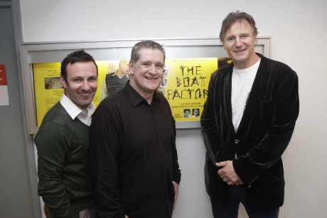 Michael Condron and Dan Gordon meet Liam Neeson at one of their performances of The Boat Factory in New York recently.