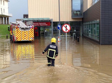 The new Accident and Emergency department of Letterkenny General Hospital surrounded by water on Friday evening.