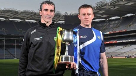 Jim McGuinness and Justin McNulty before the 2011 National League Division 2 final - their paths cross again on Saturday night,