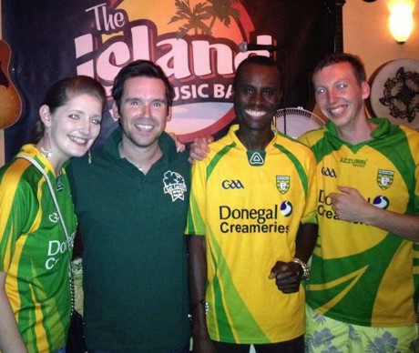 Rory Gallagher and Jimmy with Donegal fans Mairead O'Donnell and Daniel Cannon from Dunlewey.