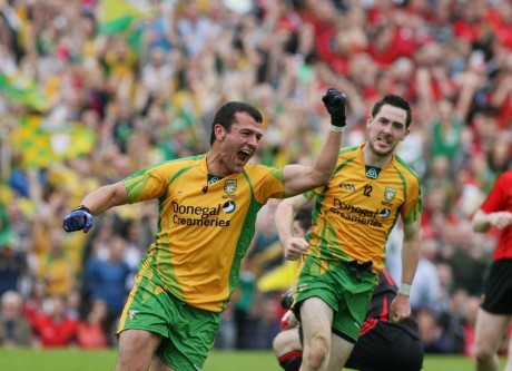 Frank McGlynn after scoring Donegal's second goal in the Ulster final against Down last year. Photo: Donna McBride