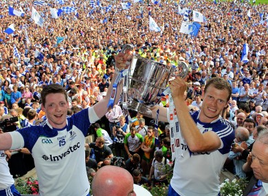 Owen Lennon, right, and Conor McManus lift the Anglo-Celt Cup.