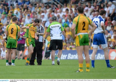 21 July 2013; Mark McHugh, Donegal, leaves the field with an injury. Ulster GAA Football Senior Championship Final, Donegal v Monaghan, St Tiernach's Park, Clones, Co. Monaghan. Picture Mark McHugh, Donegal, leaves the field with an injury during the Ulster final. 