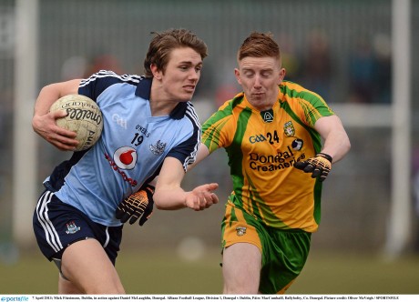 Michael Fitzsimons in action against Daniel McLaughlin during the League meeting of the teams this year.