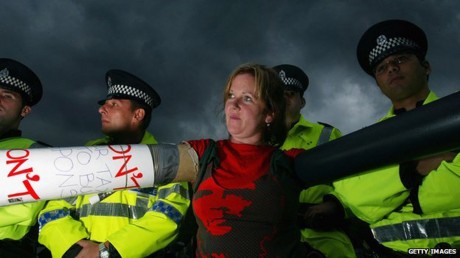 Rosie Kane, in 2004 when she was an MSP, during a protest outside the Faslane submarine base.