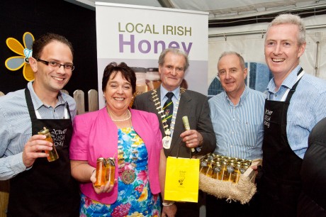 Members of the Active Irish Honey team are joined at their exhibit by the Lord Mayor of Donegal and Mayor of Donegal Town. L to R: Carl Diver; Patricia Callaghan Mayor of Donegal Town; Mayor of Donegal, Councillor Ian McGarvey; Austin Duignan and Conor Daly of Active Irish Honey. 