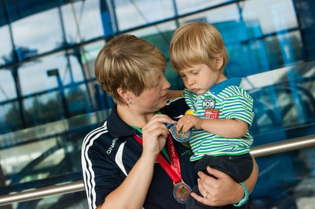 Vienna White, from Donegal one of the Irish Transplant team athlete as she arrived home at Dublin Airport to a hero's welcome from her two year old son Cameron.