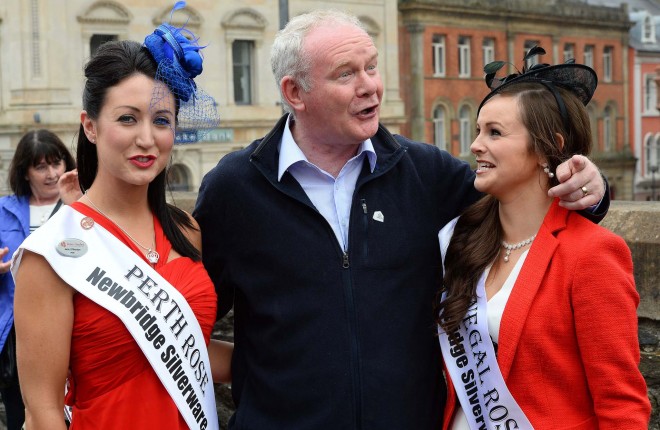 Happier times...Former Deputy First Minister Martin McGuinness when he met Perth Rose Jean O'Riordan and Donegal Rose Catherine McCarron.