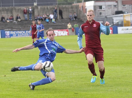 Michael Funston scores for Harps against Cobh Ramblers earlier in the season. Photo: Donna McBride