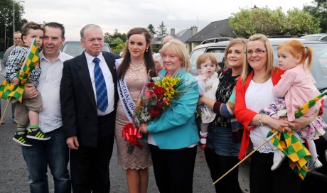 Donegal Rose Catherine McCarron is greeted by family members as she arrived back in Raphoe on Friday night.