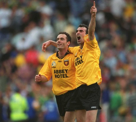 Jim McGuinness and team-mate Damien Diver celebrate after Donegal's qualifier victory over Meath in 2002.