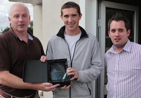 Brendan Boyce receives the Donegal News Sports Star of the Month award from Harry Walsh and Chris McNulty.