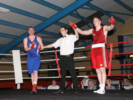 Jason Quigley, Finn Valley ABC (red) is declared the winner against Chris Blaney, Navan ABC in March 2012, the start of his 31 fight unbeaten run. Photo: Donna McBride