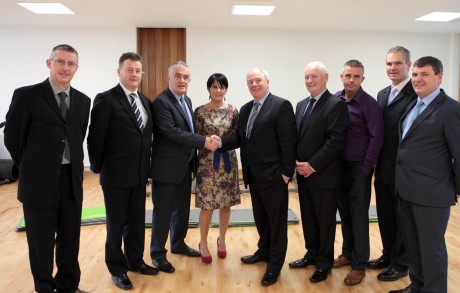 Patsy McGonagle welcomes ministers Michael Ring and Dinny mcGinley to the opening of the Finn vallay Leisure Centre on Monday. Also included from left are, Paul Kilcoyne, Donegal County Council, Seamus Neely, Donegal County Manager, Rosaleen McGonagle, Conor McGonagle, Martin McDevitt and Neil Martin, Finn Valley Leisure Centre.