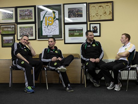 Glenswilly players John McFadden, Darren McGinley, Eamon Ward and Brian McDaid in relaxed form ahead of the Ulster senior club final against Ballinderry. Photo: Declan Doherty.