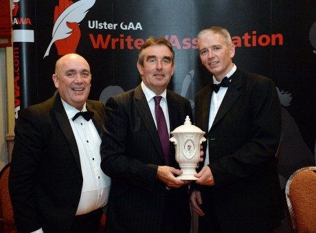Tom Daly, Donegal, centre, receives the Ulster GAA Writers  Association Services to GAA award  from John Martin, Ulster GAA Writers Chairman, left and Kieran Kennedy, O'Neill Sports, at  the annual presentation banquet in the Great Northern Hotel, Bundoran,  Co. Donegal on Friday Night.  Picture: Oliver McVeigh