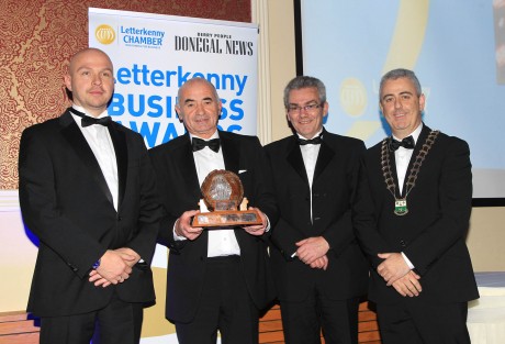 Business Person of the Year Award winner Alfie Greene with Sponsor, Michael Saling, Radisson Blu Hotel, Columba Gill, Editor, Donegal News and John Watson, Letterkenny Chamber President at the Letterkenny Business Awards in conjunction with Letterkenny Chamber and Donegal News. Photo: Donna McBride
