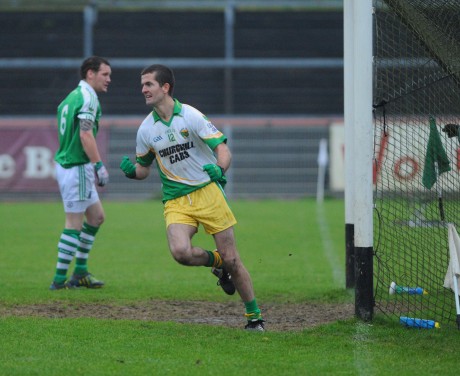 Glenswilly's Colin Kelly scores his side's second goal against Roslea.