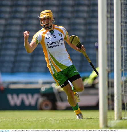 Sean McVeigh celebrates after finding the net in the Nicky Rackard Cup final.