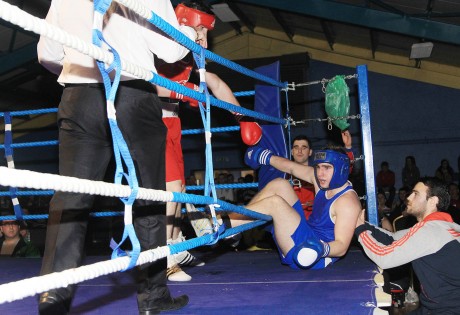 Tom McDonagh, Olympic BC gets beaten out of the ring by Michael Gallagher, Finn Valley Boxing Club. Photo: Donna McBride
