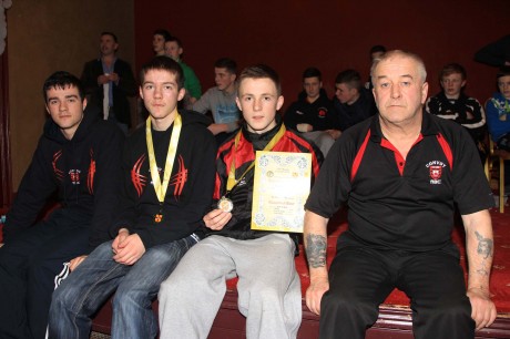 Convoy Boxing Club members at the Ulster 9 Counties Championships on Sunday afternoon. Mark McElhinney, Rory McElhinney, Bryan McNamee, 60kg Boys 14yr old champion and coach Dominic McCafferty, missing from picture is Keenan Gibson, Boys 4 70kg Class.