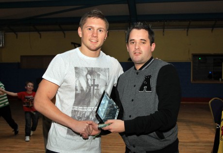 Chris McNulty, Donegal News presents boxer Jason Quigley with Donegal News Sports Star Award from October on Saturday night at the Finn Valley ABC tournament. Photo: Donna McBride