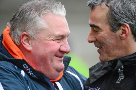 Paul Grimley and Jim McGuinness pictured before the game in Armagh.