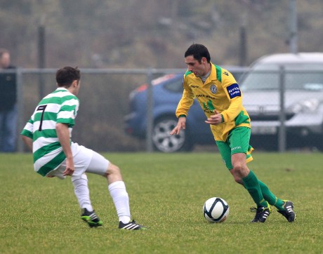 Gareth Harkin, Finn Harps against Liam O'Donnell of Cockhill Celtic during the recent friendly.