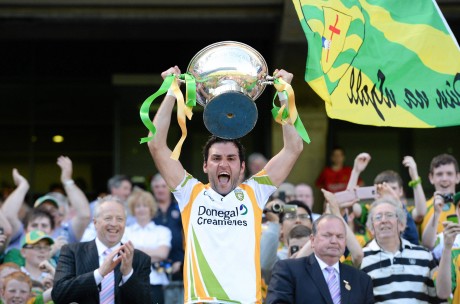 Donegal captain Joe Boyle lifts the Nicky Rackard Cup last June.