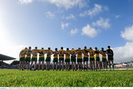 The Donegal team stand for the National Anthem before their game against Galway in Salthill. Photo: Ray Ryan/SPORTSFILE