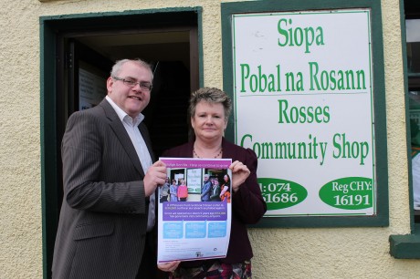John Curran Manager of the Donegal Volunteer Centre with Norah Cullinan Breslin of Rosses CDP at the recent Community Shop Poster Launch.