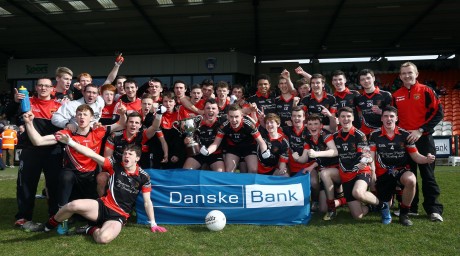 St Eunan'ss celebrate winning the St Patrick's Day final of the Danske Bank MacLarnon Cup at Armagh's Athletic Grounds.